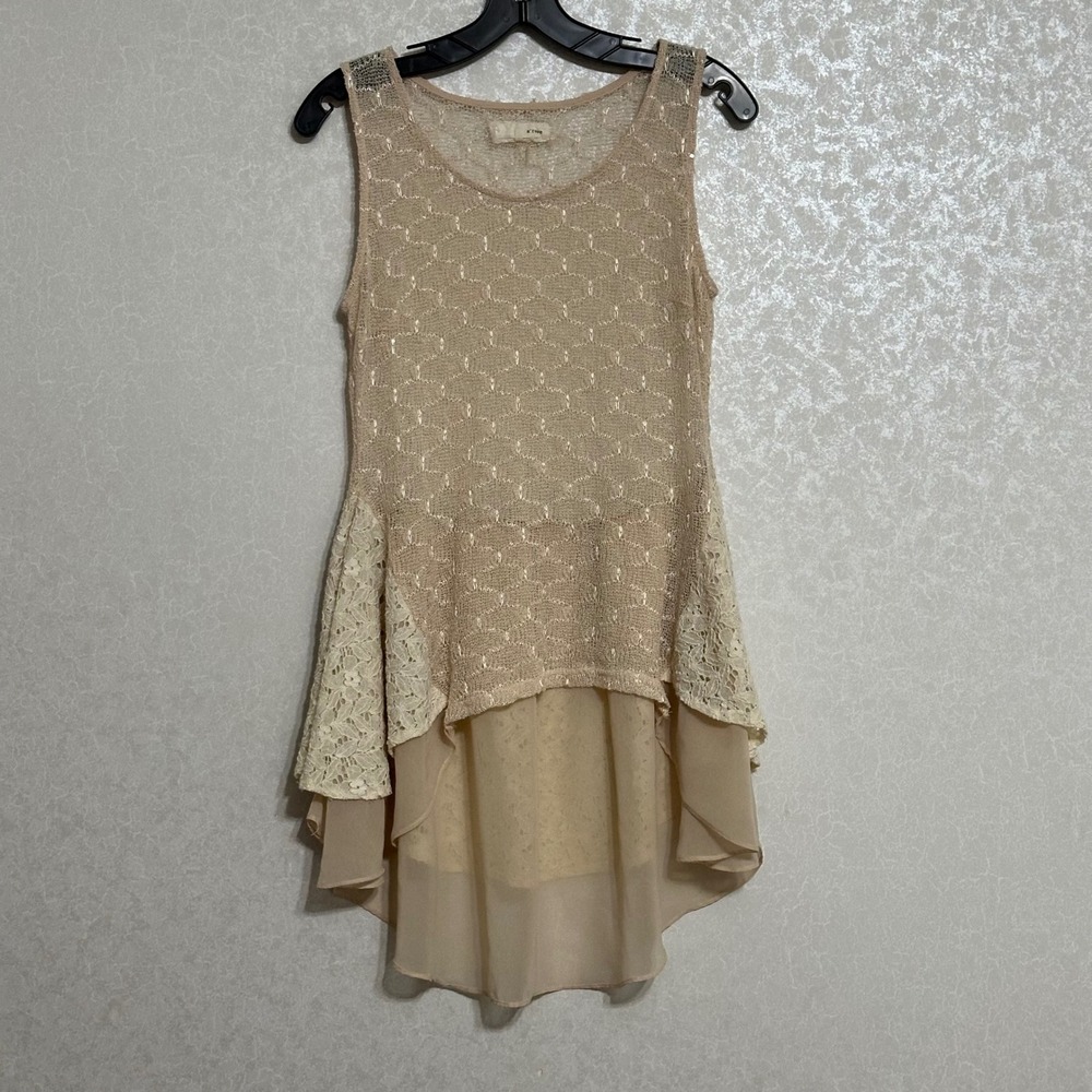 A'reve Neutral Beige Sheer Floral Geometric Lace Sleeveless Hi-Lo Top Bohemian L